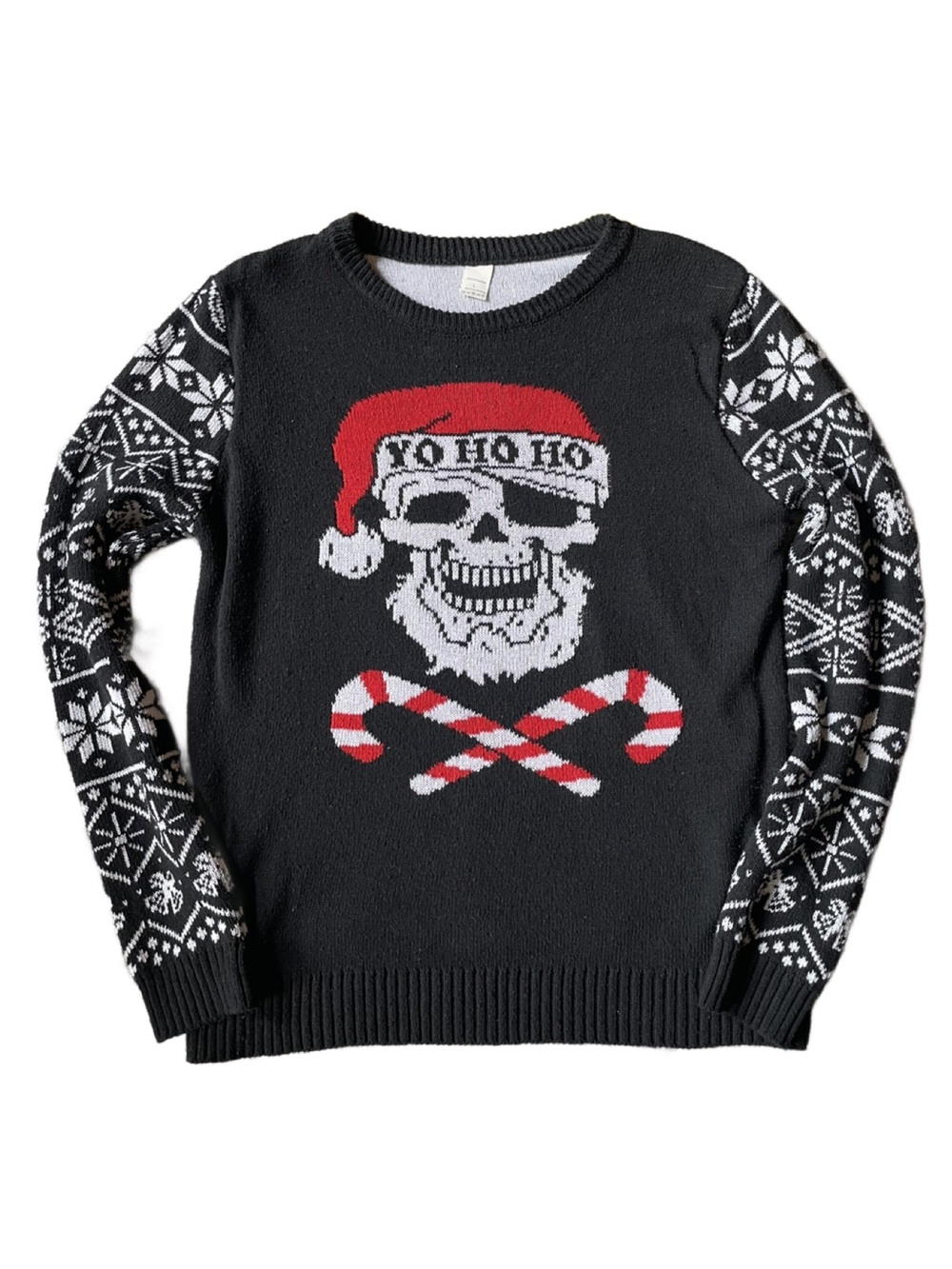 Men’s Black Holiday Skull Crewneck Sweater with Red Accents - Size Large
